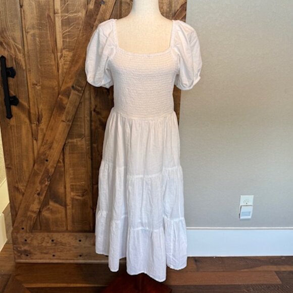 White Smocked Puff Sleeve Open Back Midi Dress - Size XL - Picture 3 of 9